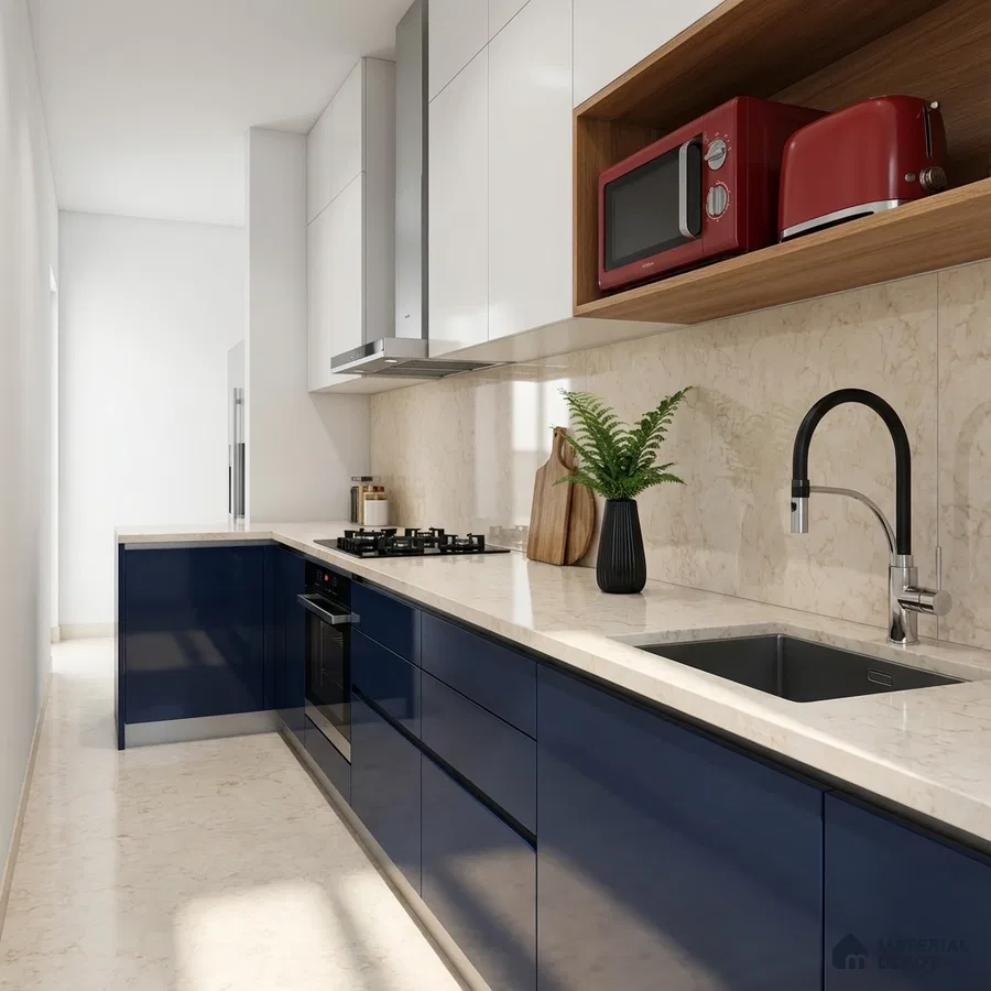 Modern kitchen with navy blue high gloss laminate, frosty white laminate, and beige marble backsplash