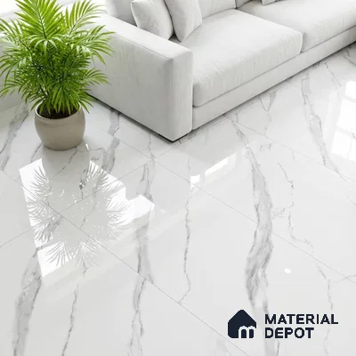 Modern living room with white marble-look polished floor tiles and light grey sofa