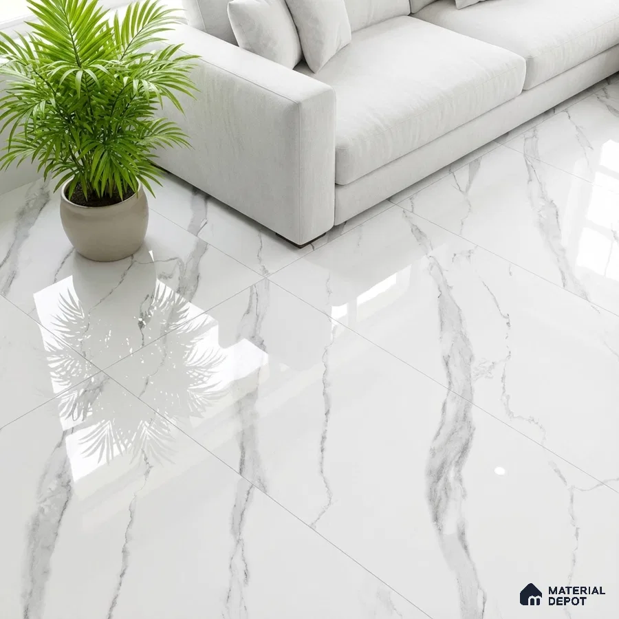 Modern living room with white marble-look polished floor tiles and light grey sofa