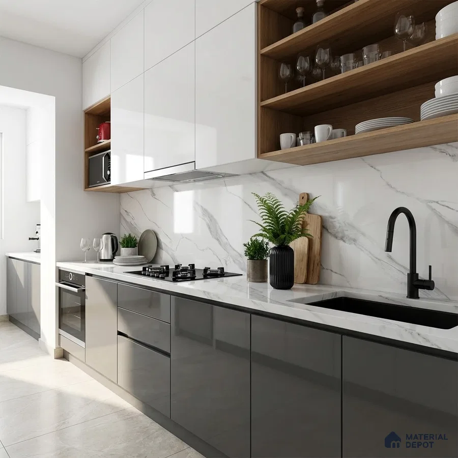 Modern kitchen with glossy grey and white laminate, marble-look backsplash, and wood open shelving