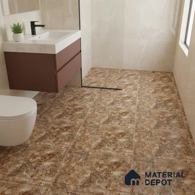 Modern bathroom with brown marble floor tiles and beige marble wall tiles