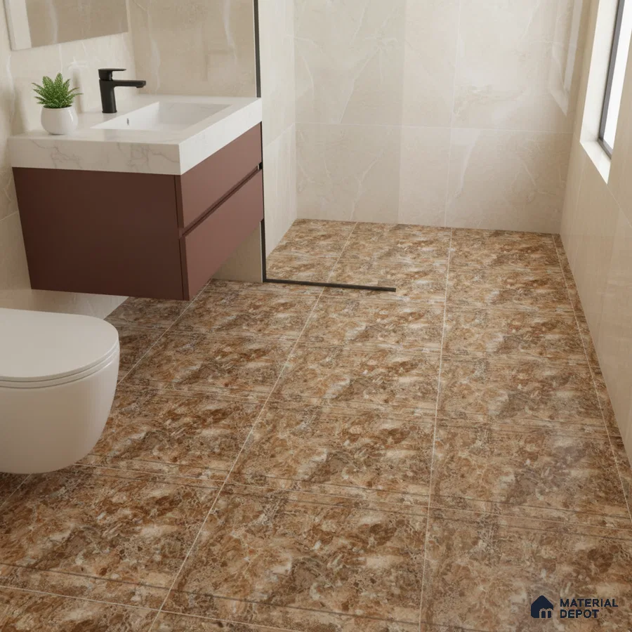 Modern bathroom with brown marble floor tiles and beige marble wall tiles