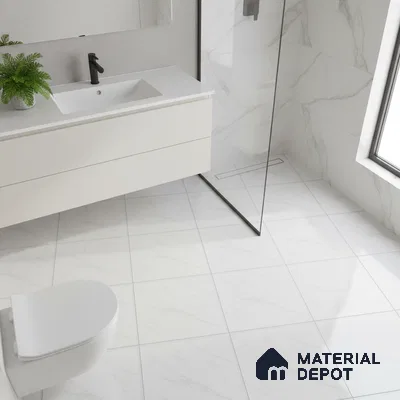 Minimalist bathroom with white marble-look tiles and floating vanity
