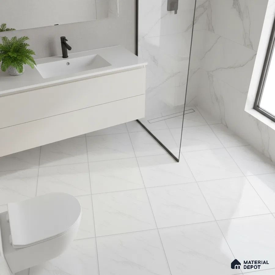 Minimalist bathroom with white marble-look tiles and floating vanity