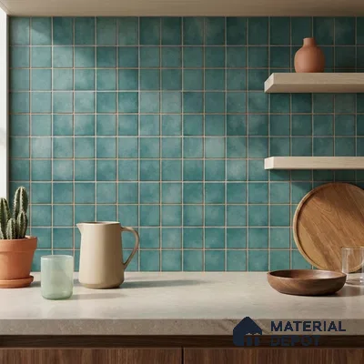 Modern Kitchen with Teal Green Square Backsplash Tile and Walnut Cabinets