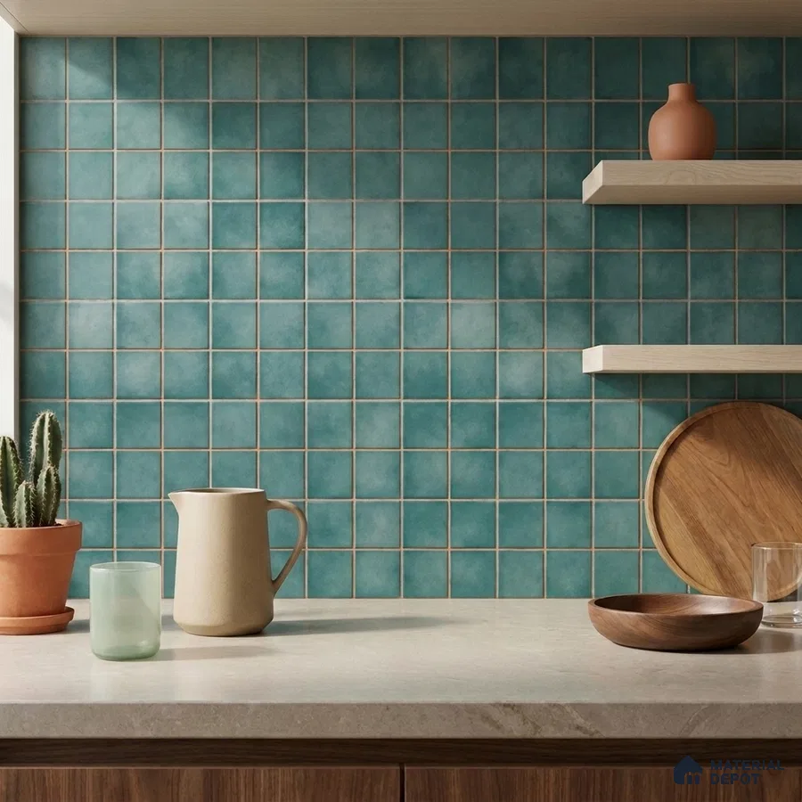 Modern Kitchen with Teal Green Square Backsplash Tile and Walnut Cabinets