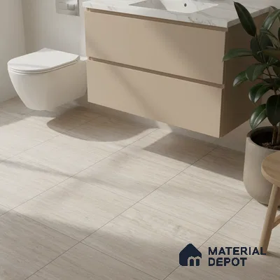Minimalist bathroom with beige matte laminate vanity and light travertine-look floor tiles