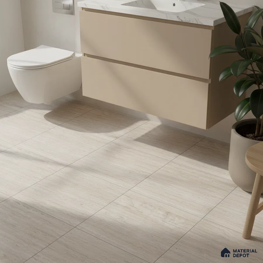 Minimalist bathroom with beige matte laminate vanity and light travertine-look floor tiles