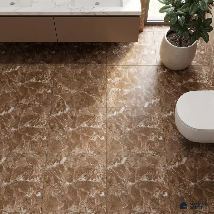 Modern bathroom with brown marble floor tiles and white marble countertop vanity