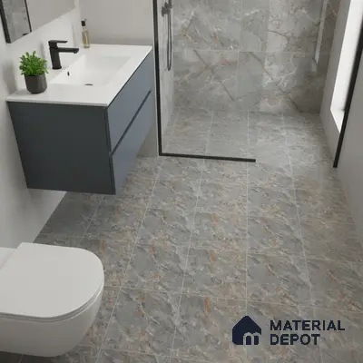 Modern bathroom with grey marble-look tiles and matte blue vanity