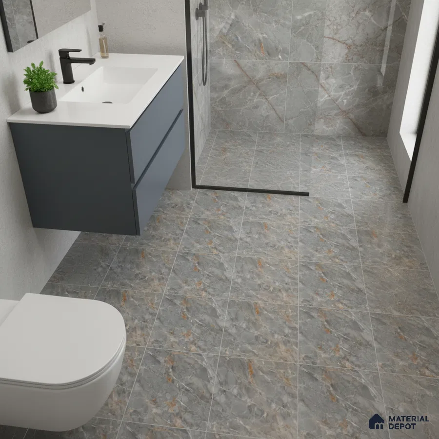 Modern bathroom with grey marble-look tiles and matte blue vanity