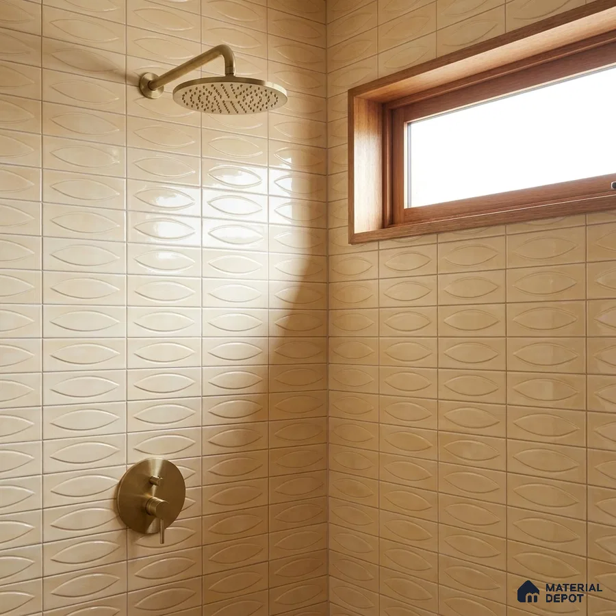 Modern Bathroom with Cream Oval Relief Glossy Tile and Brass Fixtures