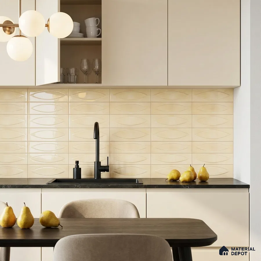 Modern Kitchen with Cream Oval Relief Glossy Backsplash Tile