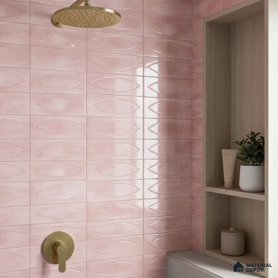 Modern Bathroom with Blush Pink Oval Relief Glossy Tile and Brass Fixtures