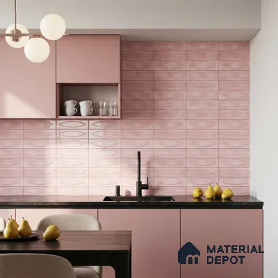 Modern Kitchen with Blush Pink Oval Relief Glossy Backsplash Tile and Pink Cabinets