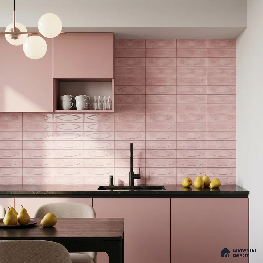 Modern Kitchen with Blush Pink Oval Relief Glossy Backsplash Tile and Pink Cabinets
