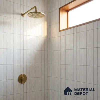 Modern Bathroom with White Vertical Stacked Glossy Tile and Brass Fixtures