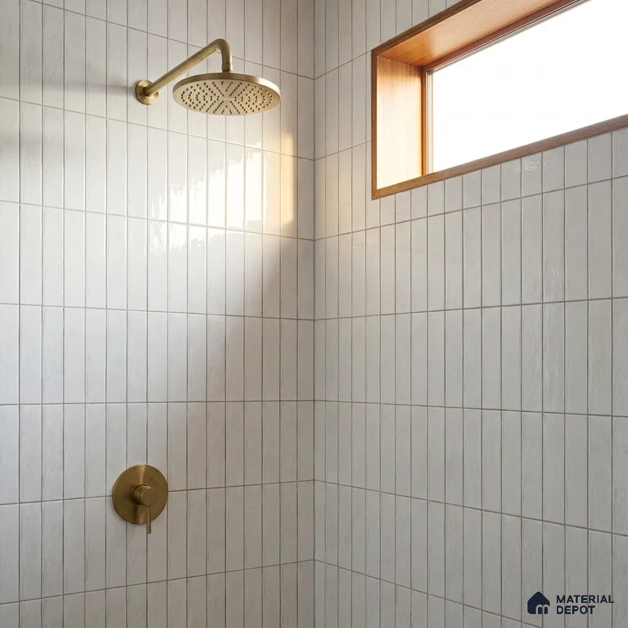 Modern Bathroom with White Vertical Stacked Glossy Tile and Brass Fixtures