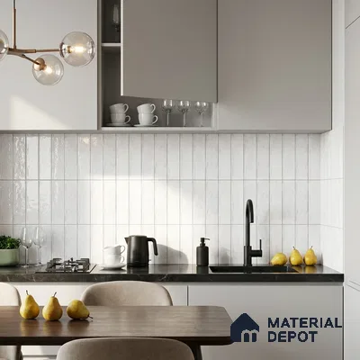 Modern Kitchen with White Vertical Stacked Glossy Backsplash Tile