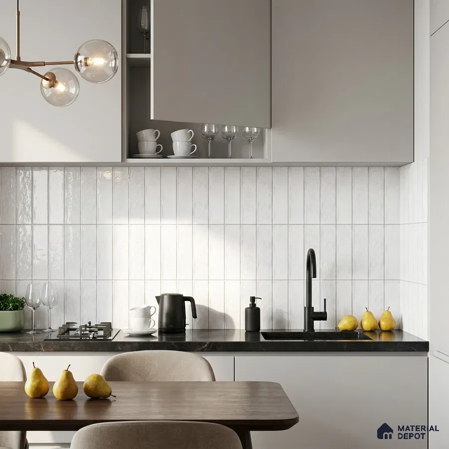 Modern Kitchen with White Vertical Stacked Glossy Backsplash Tile