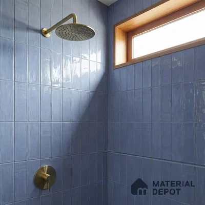 Modern Bathroom with Denim Blue Vertical Stacked Glossy Tile and Brass Fixtures