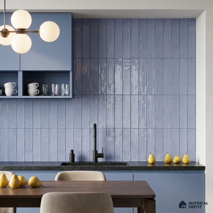 Modern Kitchen with Periwinkle Blue Vertical Stacked Glossy Backsplash Tile and Blue Cabinets