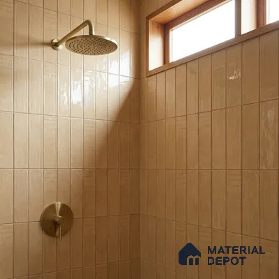 Modern Bathroom with Mustard Ochre Vertical Stacked Glossy Tile and Brass Fixtures