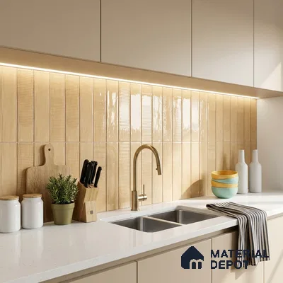 Scandinavian Kitchen with Glossy Cream Vertical Subway Backsplash Tile and Cream Cabinets