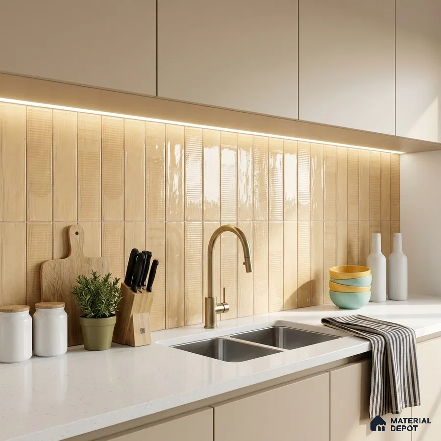Scandinavian Kitchen with Glossy Cream Vertical Subway Backsplash Tile and Cream Cabinets