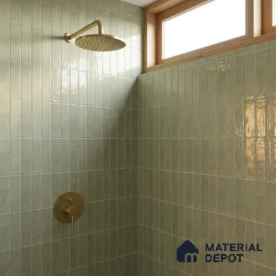 Modern Bathroom with Glossy Sage Green Vertical Subway Tile and Brass Fixtures