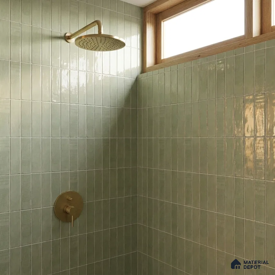 Modern Bathroom with Glossy Sage Green Vertical Subway Tile and Brass Fixtures