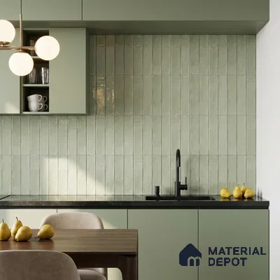 Modern Kitchen with Glossy Sage Green Vertical Subway Backsplash Tile and Green Cabinets