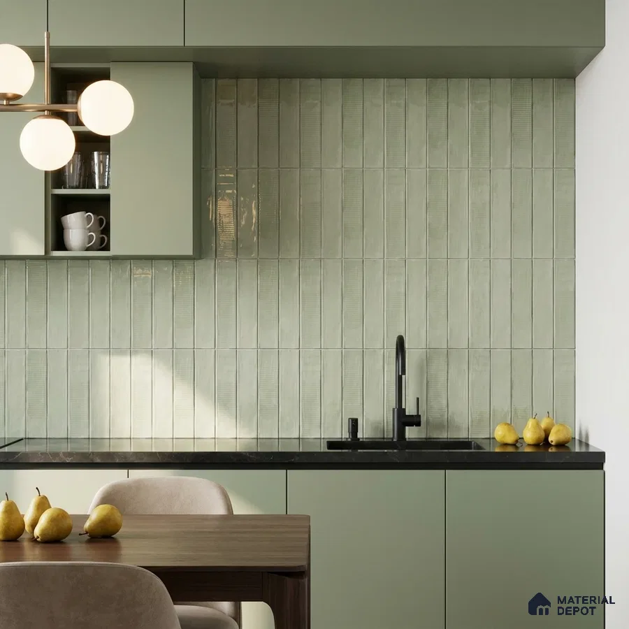 Modern Kitchen with Glossy Sage Green Vertical Subway Backsplash Tile and Green Cabinets
