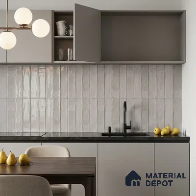 Modern Kitchen with Glossy Light Grey Vertical Subway Backsplash Tile and Grey Cabinets