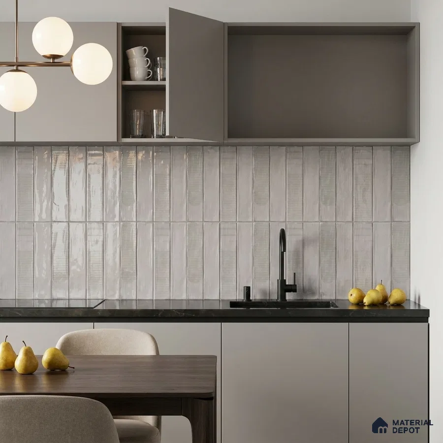 Modern Kitchen with Glossy Light Grey Vertical Subway Backsplash Tile and Grey Cabinets