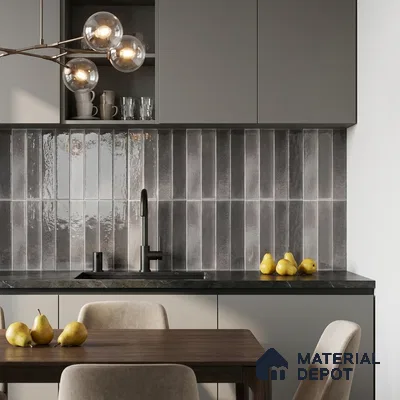 Industrial Kitchen with Glossy Charcoal Vertical Subway Backsplash Tile and Grey Cabinets
