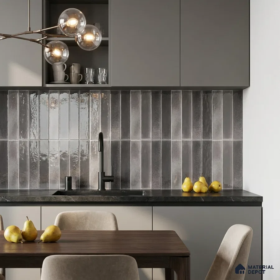 Industrial Kitchen with Glossy Charcoal Vertical Subway Backsplash Tile and Grey Cabinets