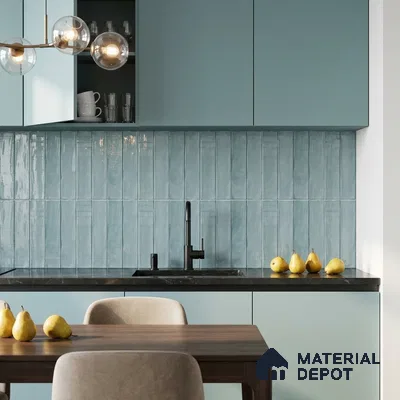 Modern Kitchen with Glossy Dusty Blue Vertical Subway Backsplash Tile and Blue Cabinets