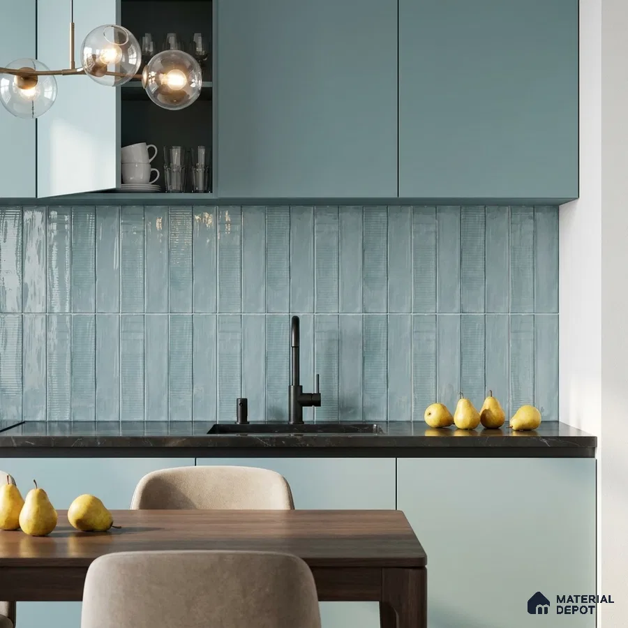Modern Kitchen with Glossy Dusty Blue Vertical Subway Backsplash Tile and Blue Cabinets