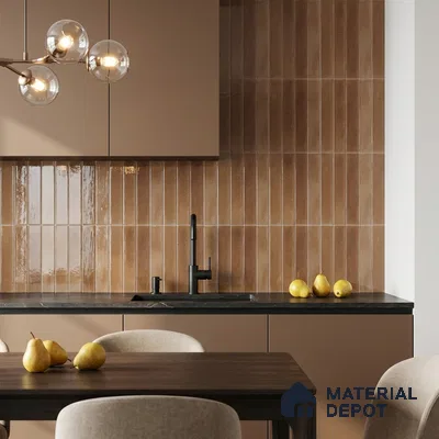 Mediterranean Kitchen with Glossy Terracotta Brown Vertical Subway Backsplash Tile and Taupe Cabinets