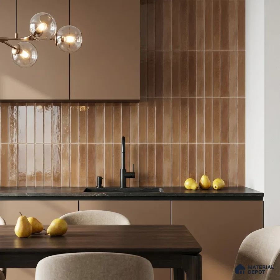 Mediterranean Kitchen with Glossy Terracotta Brown Vertical Subway Backsplash Tile and Taupe Cabinets