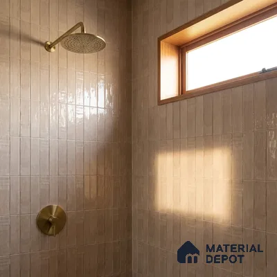 Modern Bathroom with Glossy Warm Taupe Vertical Subway Tile and Brass Fixtures