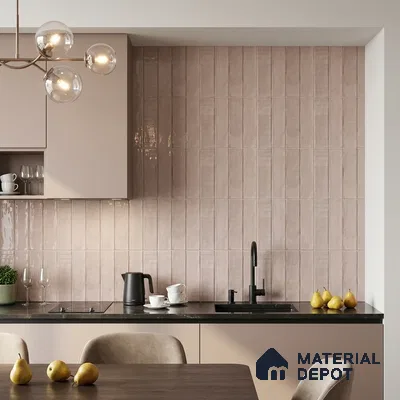 Modern Kitchen with Glossy Dusty Pink Vertical Subway Backsplash Tile and Blush Cabinets