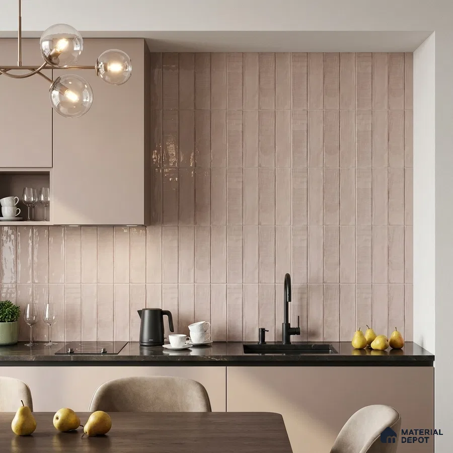 Modern Kitchen with Glossy Dusty Pink Vertical Subway Backsplash Tile and Blush Cabinets