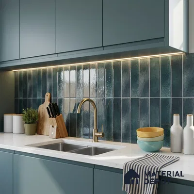 Modern Kitchen with Glossy Teal Green Vertical Subway Backsplash Tile and Teal Cabinets