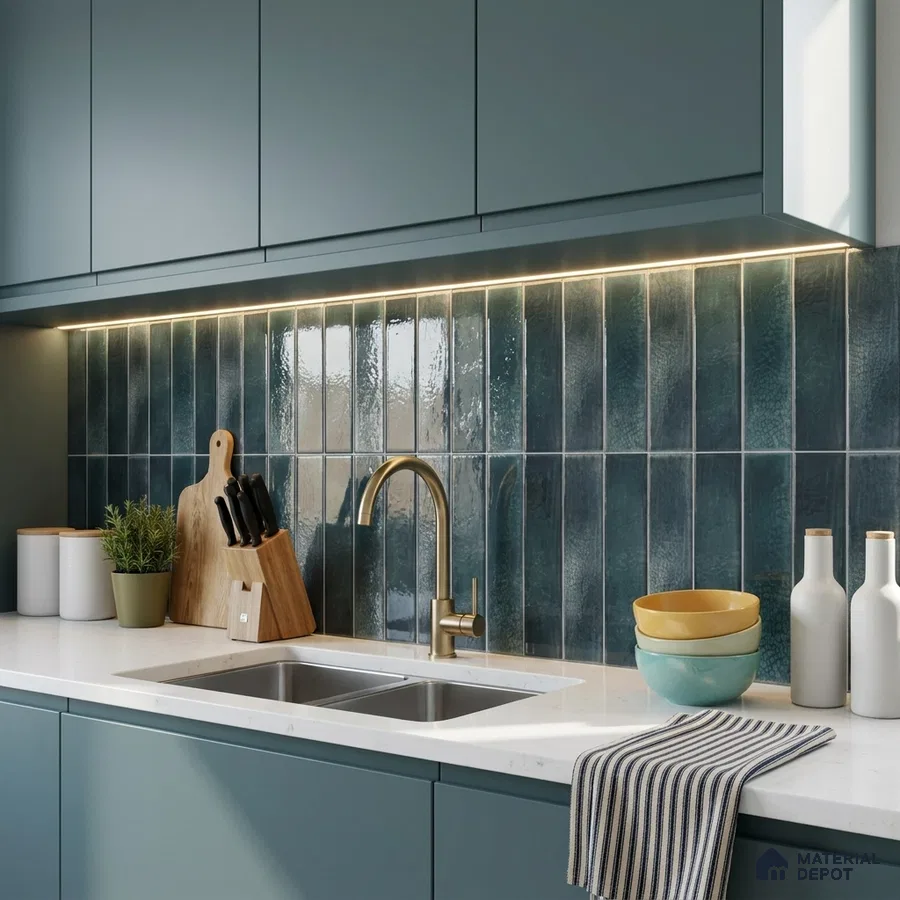 Modern Kitchen with Glossy Teal Green Vertical Subway Backsplash Tile and Teal Cabinets