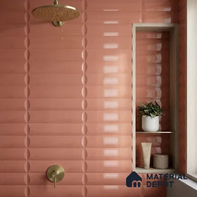 Modern Bathroom with Glossy Coral Pink 3D Dimensional Tile and Brass Fixtures