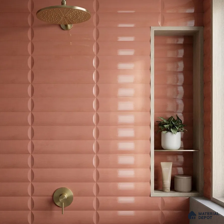 Modern Bathroom with Glossy Coral Pink 3D Dimensional Tile and Brass Fixtures
