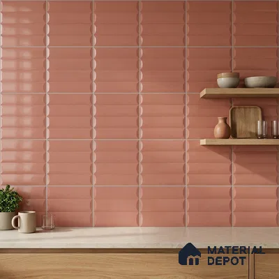 Modern Kitchen with Glossy Coral Pink 3D Dimensional Backsplash Tile and Oak Cabinets