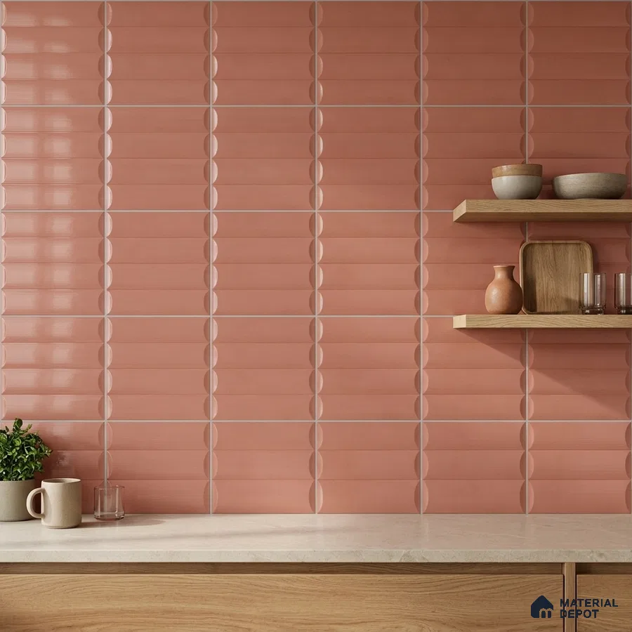 Modern Kitchen with Glossy Coral Pink 3D Dimensional Backsplash Tile and Oak Cabinets